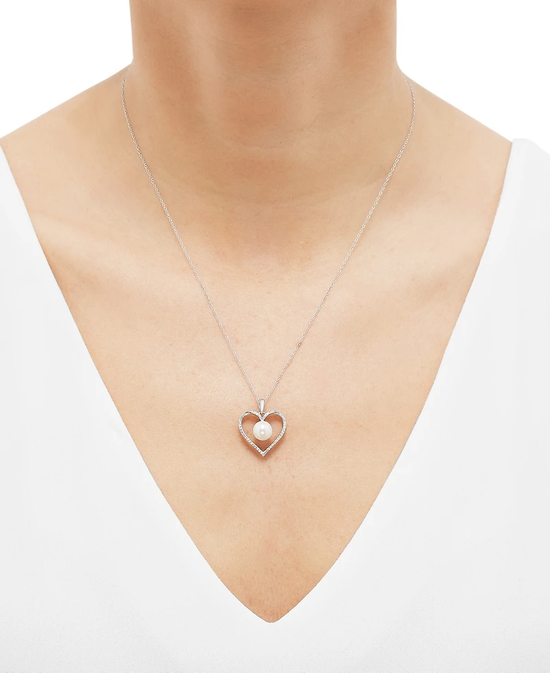 Cultured Freshwater Pearl (7mm) & Diamond (1/7 ct. t.w.) Heart 18" Pendant Necklace in 14k Gold (Also in White Gold)