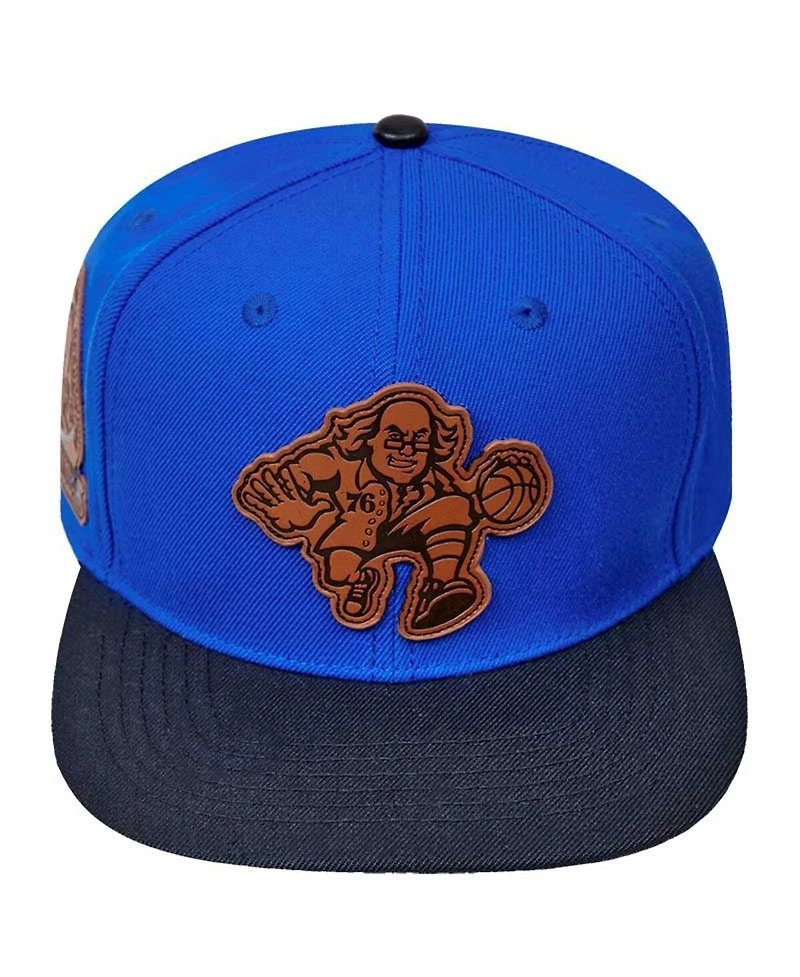 Men's Pro Standard Royal, Black Philadelphia 76ers Heritage Leather Patch Snapback Hat
