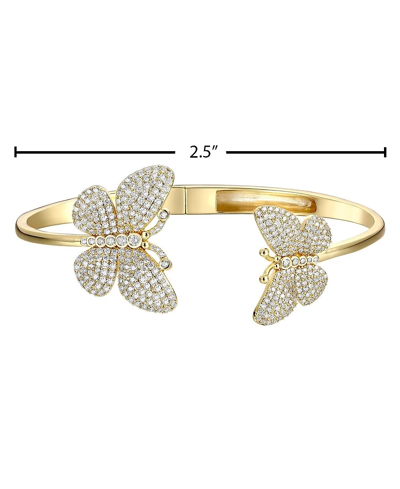 14k Gold Plated with Cubic Zirconia French Pave Butterfly Open Cuff Bangle Bracelet