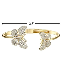 14k Gold Plated with Cubic Zirconia French Pave Butterfly Open Cuff Bangle Bracelet