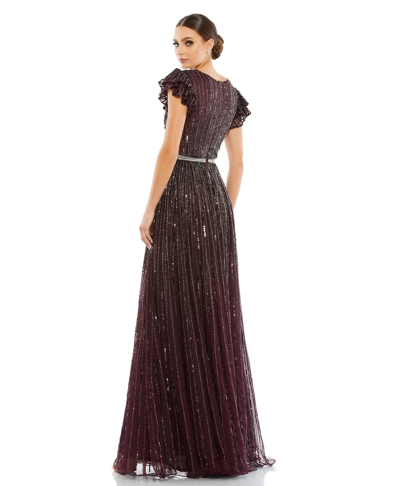 Mac Duggal Women's Sequined Wrap Over Ruffled Cap Sleeve Gown