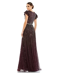 Mac Duggal Women's Sequined Wrap Over Ruffled Cap Sleeve Gown