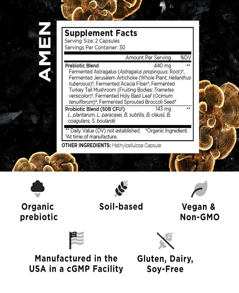 Amen Probiotics Supplement, Sbo Probiotic and Organic Prebiotics, 50 Billion CFUs, Shelf Stable, No Refrigeration Required, Flora Daily Probiotic Form