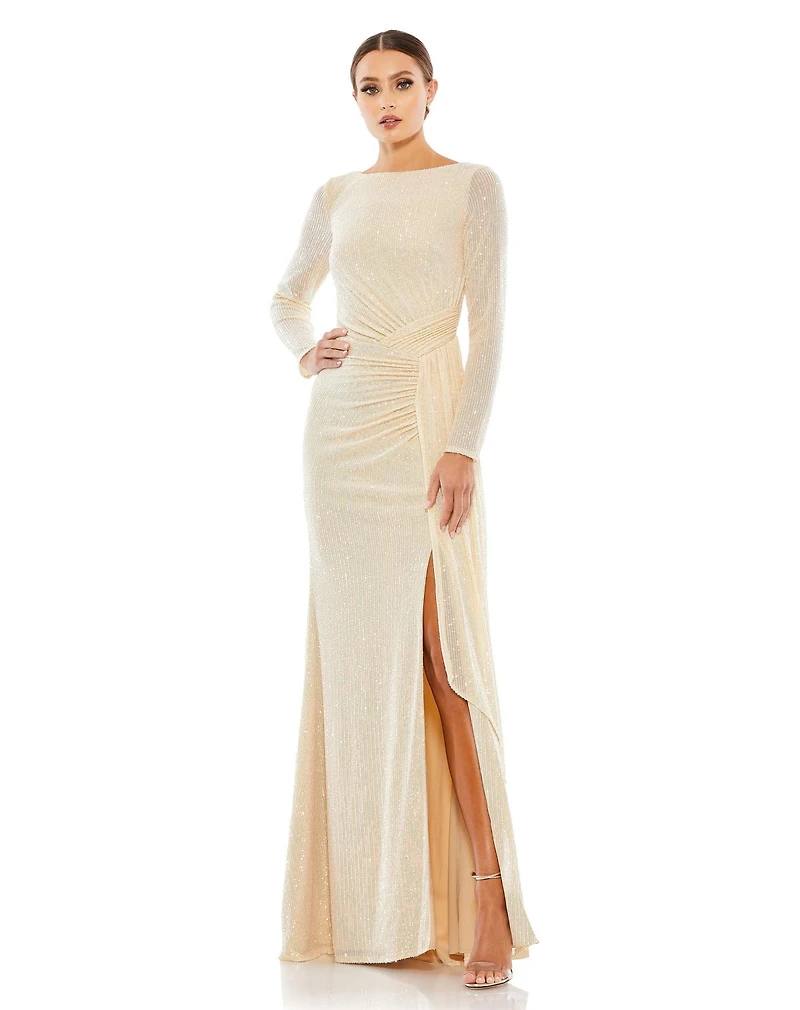 Mac Duggal Women's Ieena Sequined Ruched Long Sleeve Boat Neck Gown