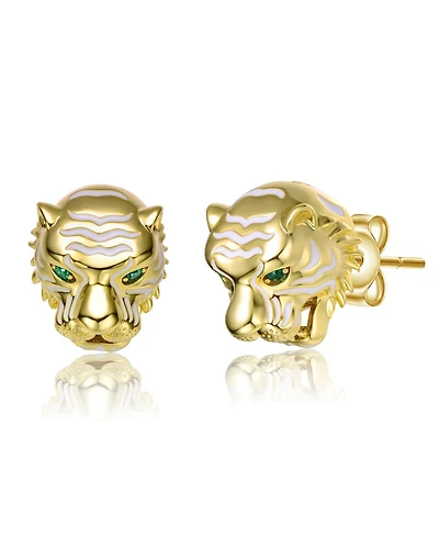 14k Yellow Gold Plated with Green Cubic Zirconia White Enamel Roaring Tiger Head 3D Stud Earrings