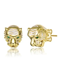 14k Yellow Gold Plated with Green Cubic Zirconia White Enamel Roaring Tiger Head 3D Stud Earrings