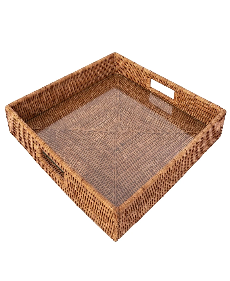 Artifacts Trading Company Artifacts Rattan Square Serving Ottoman Trays with Glass Insert
