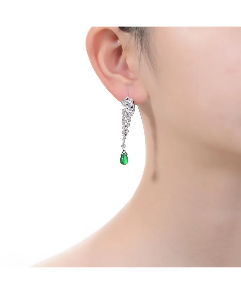 Sterling Silver White Gold Plated with Green and Clear Cubic Zirconia Fauna Drop Earrings