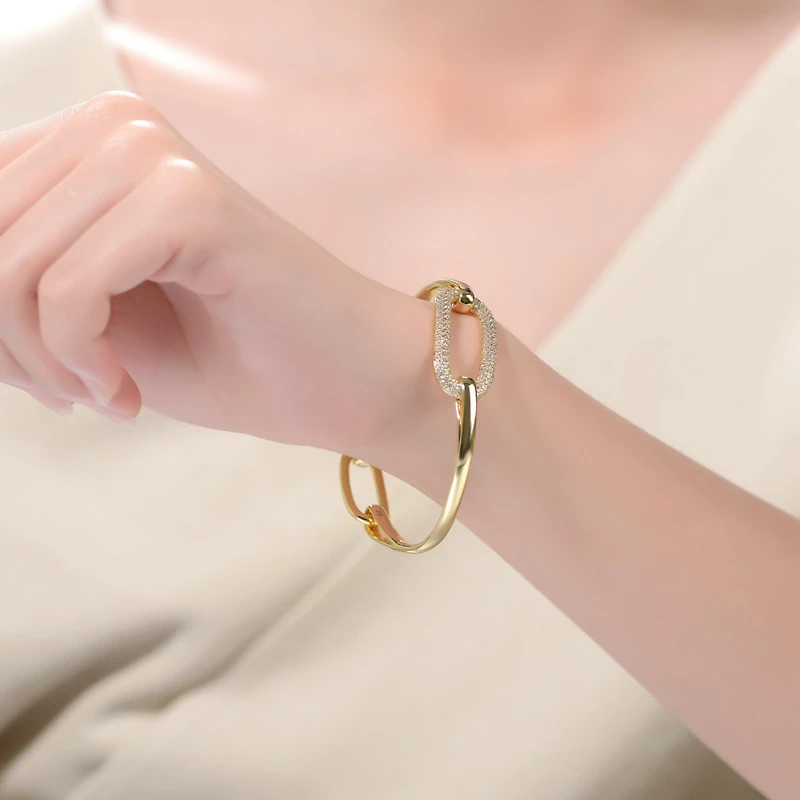 Sterling Silver 14K Gold Plated Clear Cubic Zirconia Bangle Bracelet