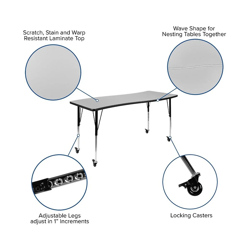 Emma+Oliver Mobile 26"W X 60"L Rectangle Wave Flexible Collaborative Adjustable Activity Table