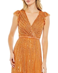 Mac Duggal Women's Sequined Wrap Over Cap Sleeve Ruffle Hem Dress