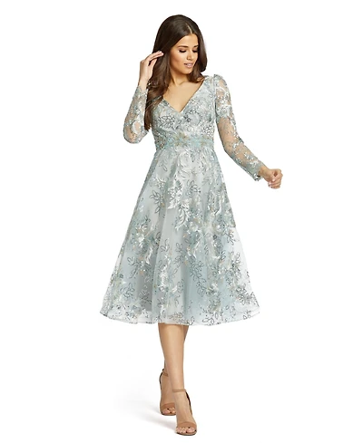 Mac Duggal Women's Embellished Illusion Long Sleeve A Line Dress