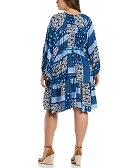 Ella Rafaella Plus Paisley Print Flounce Long Sleeve Dress with Self Fabric Tie