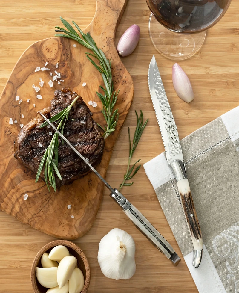 French Home Laguiole Set of 4, Connoisseur Bbq Steak Knives with Deer Horn Handles
