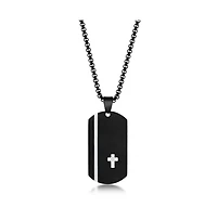 Men's Stainless Steel Black Silver Cross Single Cz Dog Tag Necklace