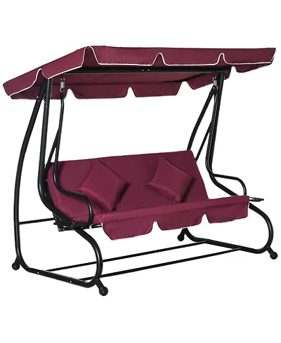 Outsunny 3 Seat Outdoor Free Standing Swing Bench Porch Swing with Stand, Comfortable Cushioned Fabric & Included Canopy, Red