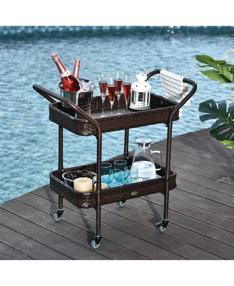 Outsunny Rattan Wicker Serving Cart with 2-Tier Open Shelf, Outdoor Wheeled Bar Cart with Brakes for Poolside, Garden, Patio