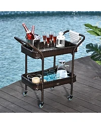 Outsunny Rattan Wicker Serving Cart with 2-Tier Open Shelf, Outdoor Wheeled Bar Cart with Brakes for Poolside, Garden, Patio