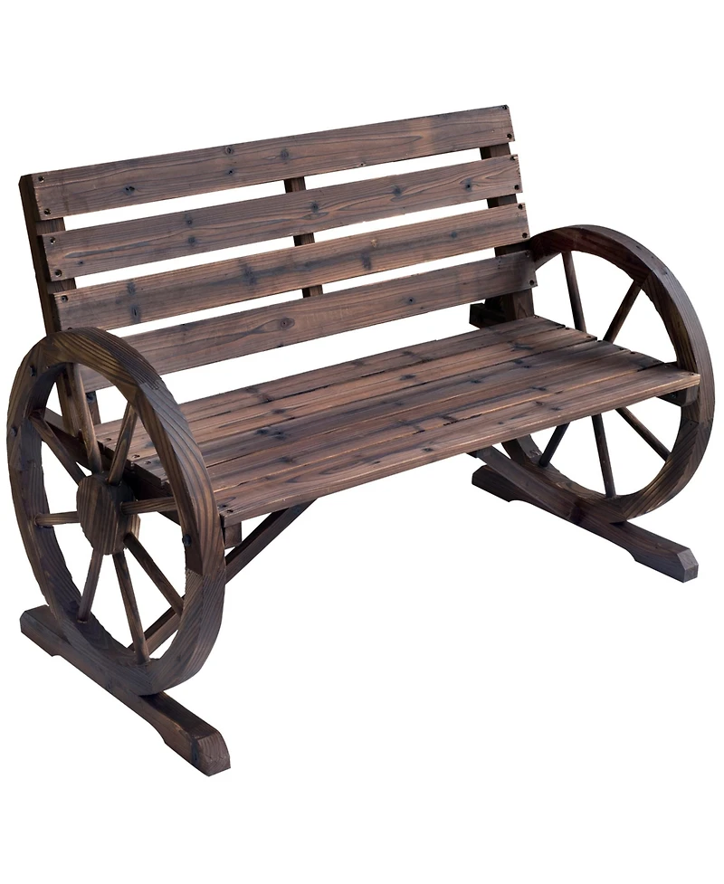 Outsunny Wooden Wagon Wheel Bench, 2-Person W/ Slatted Seat,