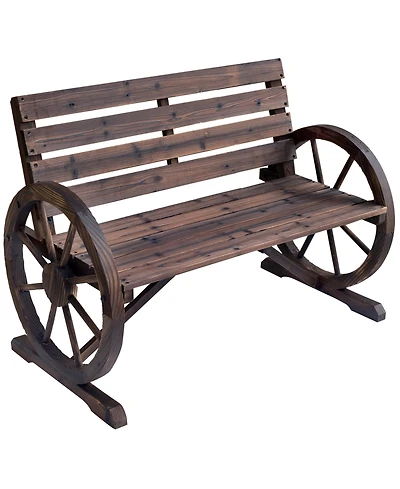 Outsunny Wooden Wagon Wheel Bench, 2-Person W/ Slatted Seat,