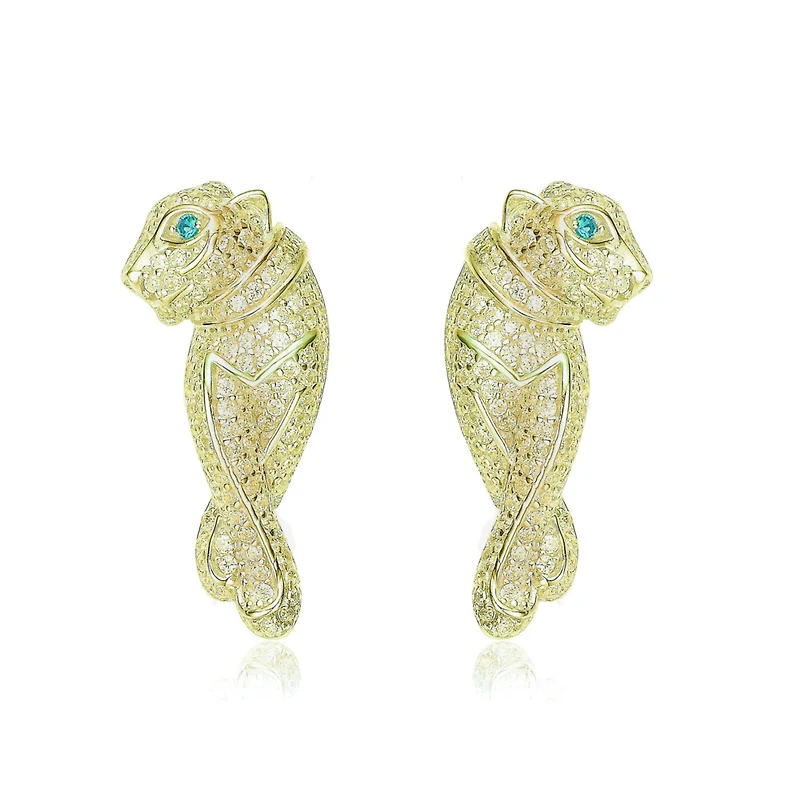 White Gold And 14K Plated with Green & Cubic Zirconia Walking Panther Earrings