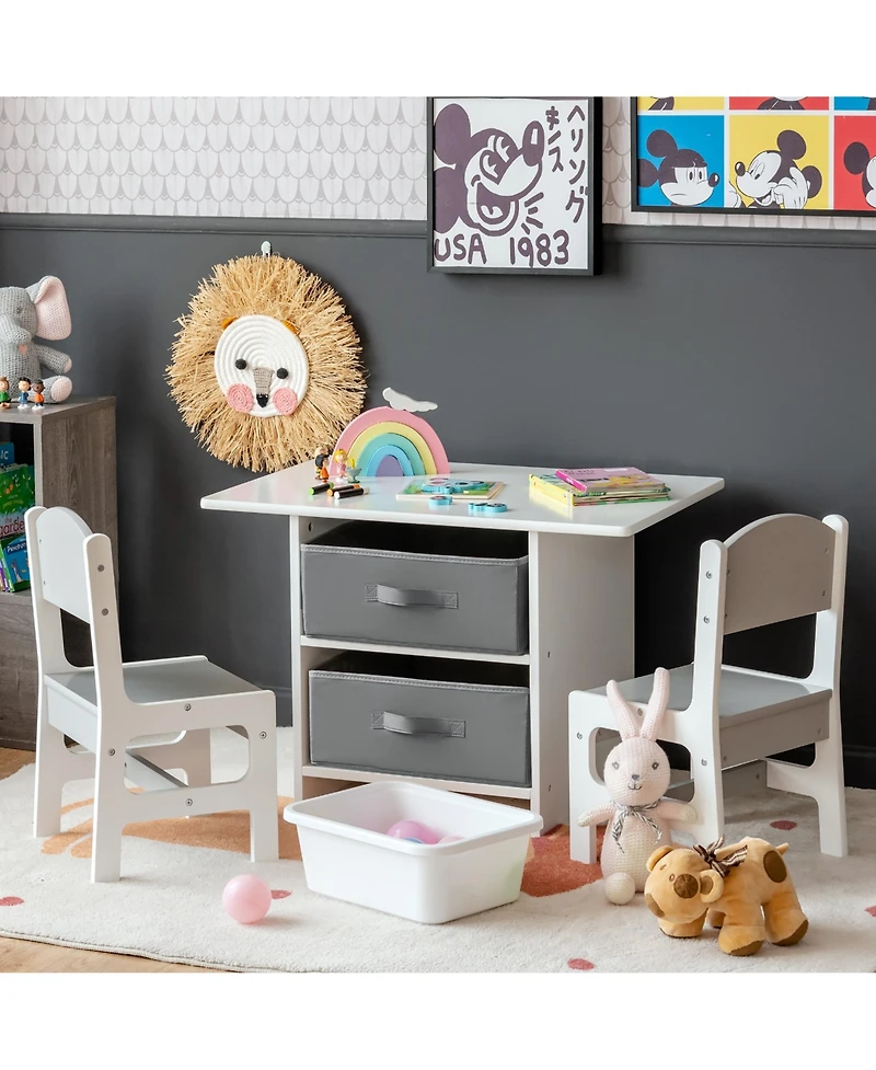 Costway Kids Art Play Wood Table and 2 Chairs Set w/ Storage Baskets Puzzle