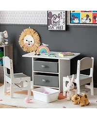 Costway Kids Art Play Wood Table and 2 Chairs Set w/ Storage Baskets Puzzle
