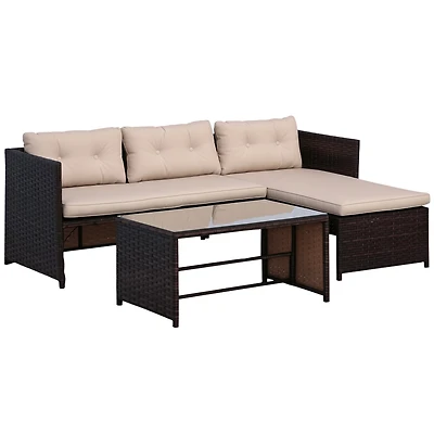 Outsunny 3 Piece Patio Furniture Set, Rattan Outdoor Sofa Set with Chaise Lounge & Loveseat, Soft Cushions, Tempered Glass Table, L-Shaped Sectional C