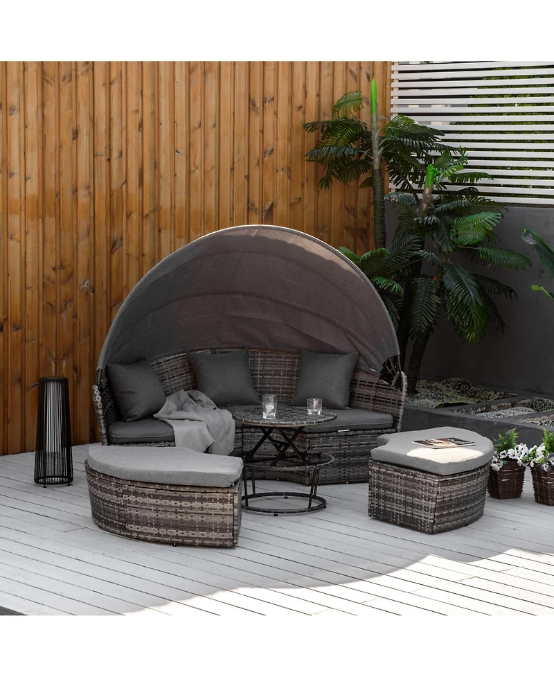 Outsunny 4pc Rattan Patio Furniture Set, Round Convertible Daybed or Sunbed, Adjustable Sun Canopy, Sectional Outdoor Sofa, 2 Chairs