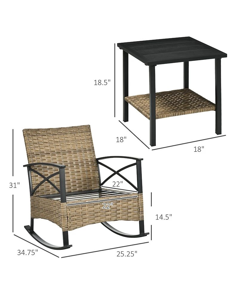 Outsunny 3pc Rocking Chair Set w/ Cushions, Wicker Bistro Set, Light