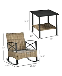 Outsunny 3pc Rocking Chair Set w/ Cushions, Wicker Bistro Set, Light