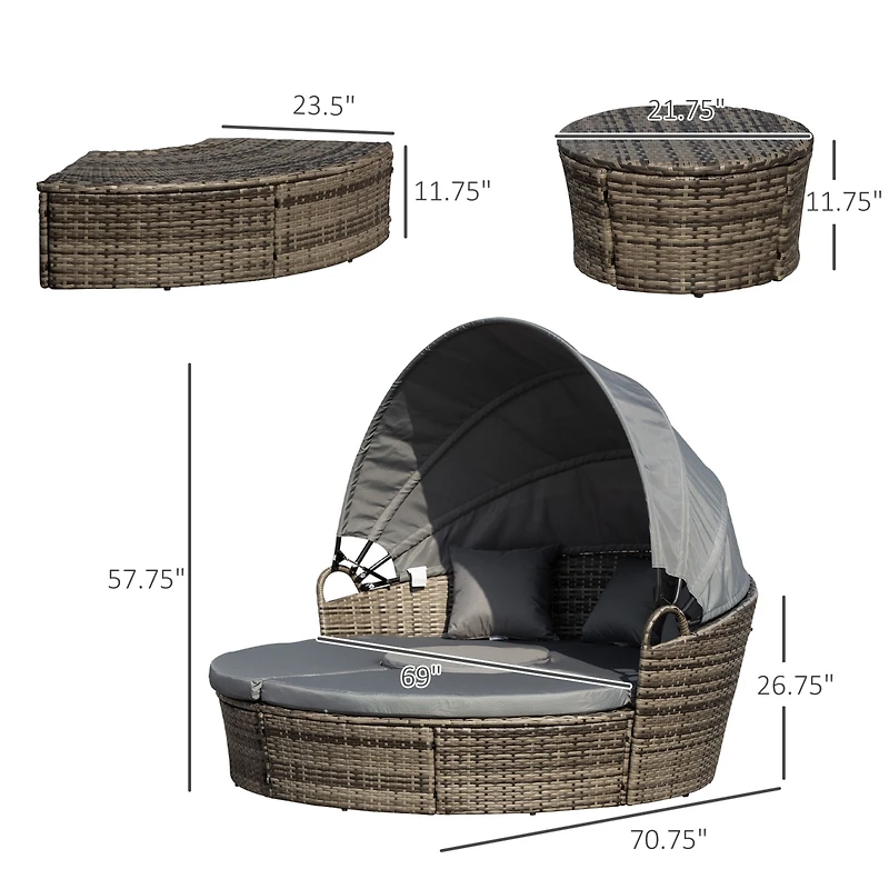 Outsunny 4pc Rattan Patio Furniture Set, Round Convertible Daybed or Sunbed, Adjustable Sun Canopy, Sectional Outdoor Sofa, 2 Chairs, Table, 3 Pillows