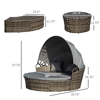 Outsunny 4pc Rattan Patio Furniture Set, Round Convertible Daybed or Sunbed, Adjustable Sun Canopy, Sectional Outdoor Sofa, 2 Chairs, Table, 3 Pillows