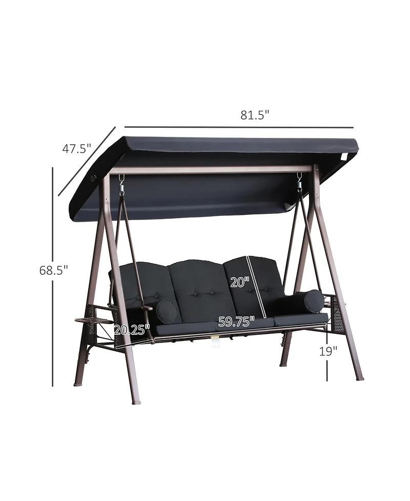 Outsunny Outdoor Patio 3-Person Steel Canopy Cushioned Seat Bench Swing with Included Side Trays & Padded Comfort, Black
