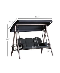 Outsunny Outdoor Patio 3-Person Steel Canopy Cushioned Seat Bench Swing with Included Side Trays & Padded Comfort, Black
