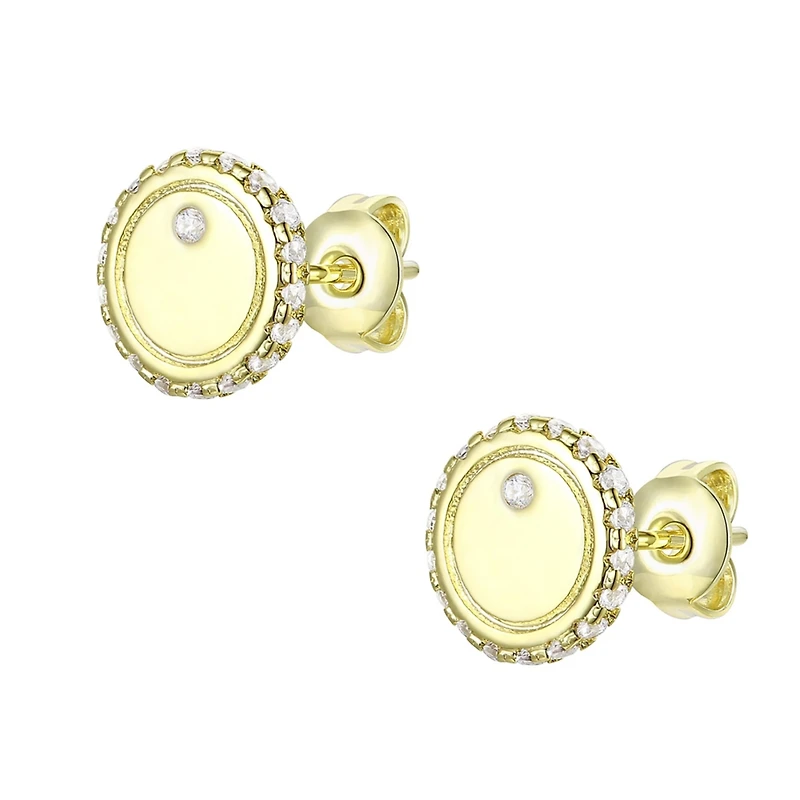 14k Yellow Gold Plated with Cubic Zirconia Pave Button Stud Earrings