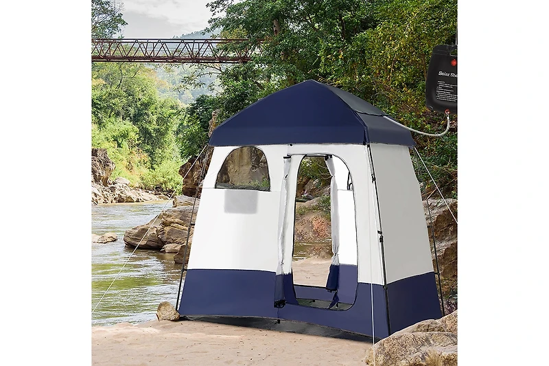 Outsunny Two Room Pop Up Shower Tent w/ Shower Bag, Floor & Carry Bag,