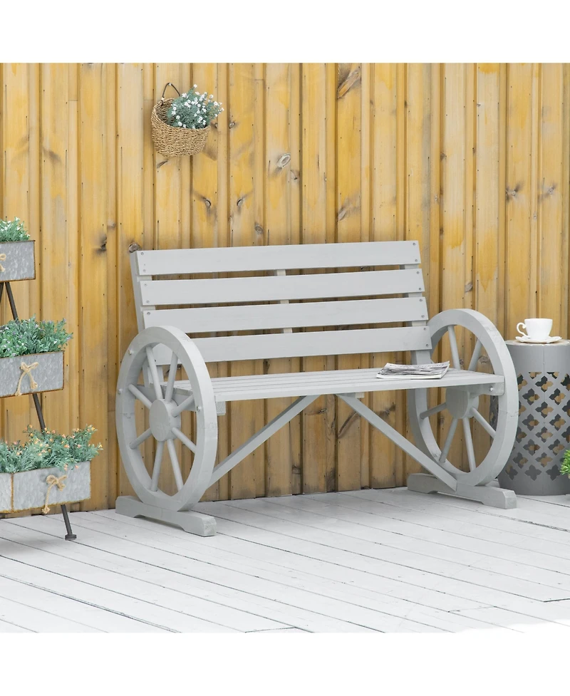 Outsunny Wooden Wagon Wheel Bench, Rustic Outdoor Patio Furniture, 2-Person Seat Bench with Backrest, Light Grey