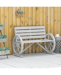 Outsunny Wooden Wagon Wheel Bench, Rustic Outdoor Patio Furniture, 2-Person Seat Bench with Backrest, Light Grey