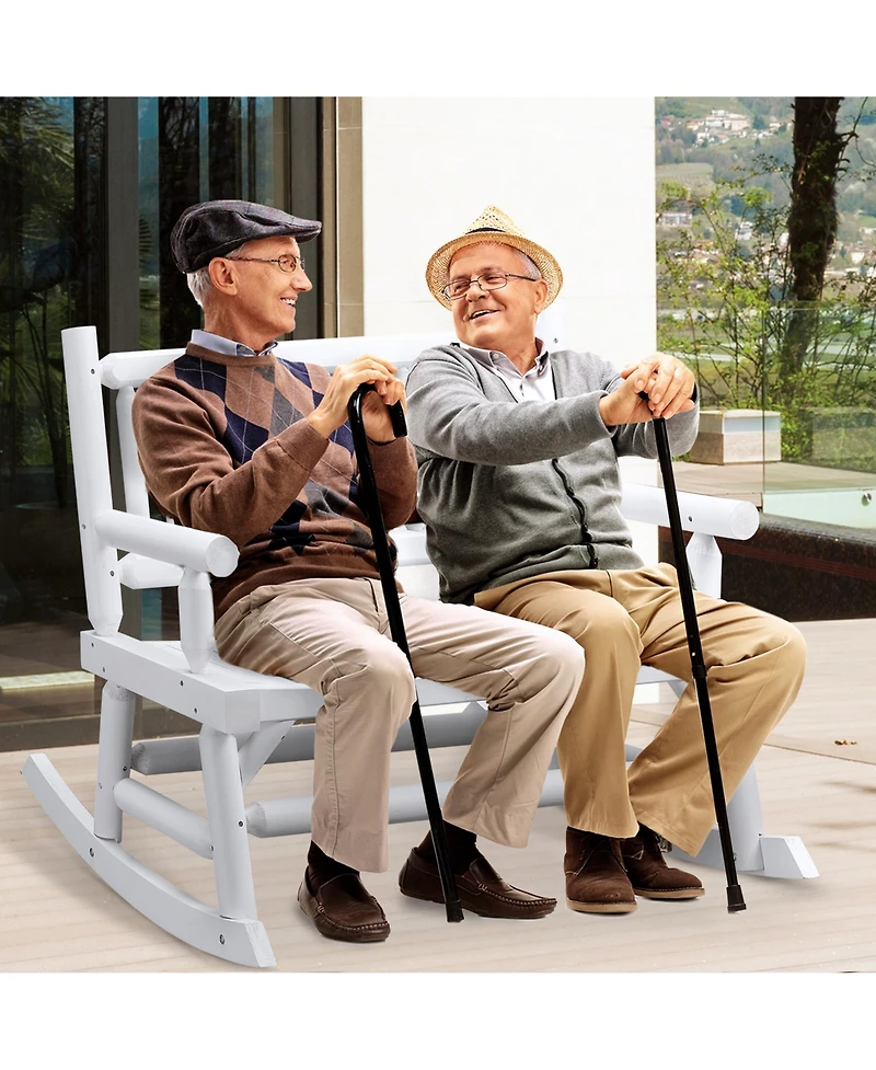 Outsunny 2-Person Wood Rocking Chair with Log Design, Heavy Duty Loveseat with Wide Curved Seats for Patio, Backyard, Garden, White