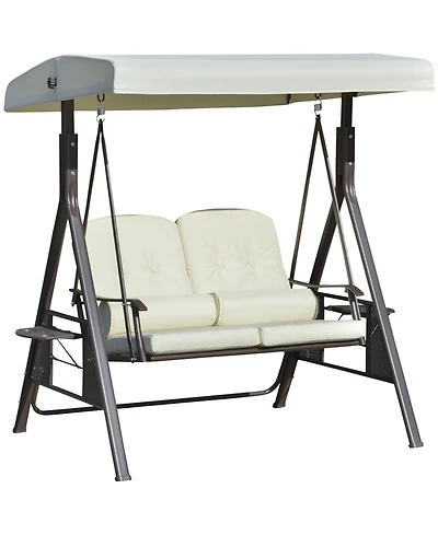 Outsunny 2-Person Patio Swing Bench with Adjustable Shade Canopy, Soft Cushions, Throw Pillows and Tray, Beige