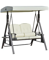Outsunny 2-Person Patio Swing Bench with Adjustable Shade Canopy, Soft Cushions, Throw Pillows and Tray, Beige