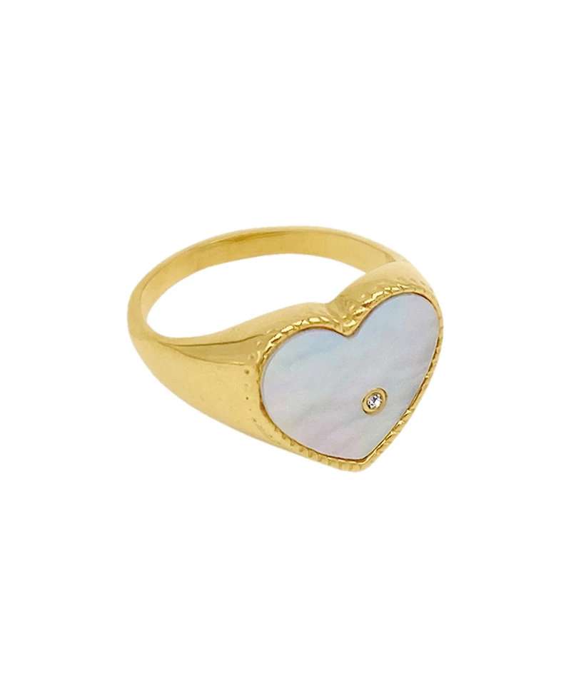 Adornia 14K Gold Plated Heart White Imitation Mother of Pearl Signet Ring