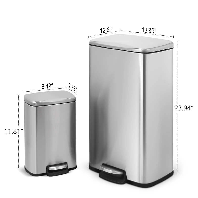 8 Gal./30 Liter and 1.3 Gal./5 Liter Rectangular Stainless Steel Step-on Trash Can Set for Kitchen and Bathroom