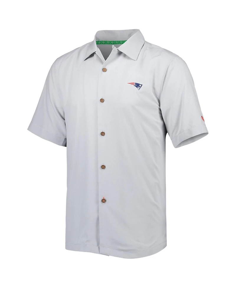 Men's Tommy Bahama Gray New England Patriots Coconut Point Frondly Fan Camp IslandZone Button-Up Shirt