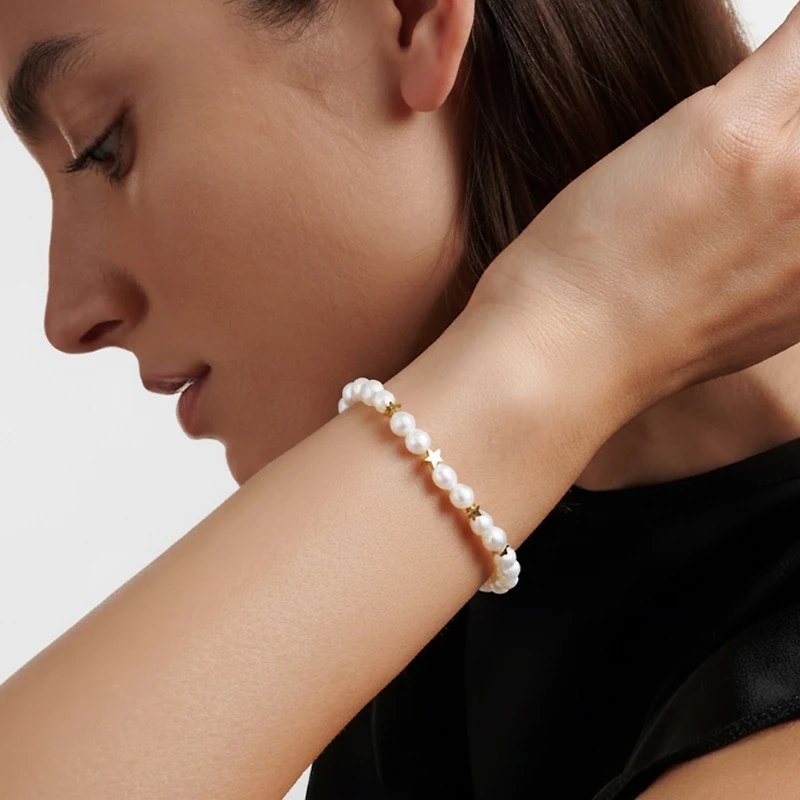 18K Gold Plated Freshwater Pearl with Star and Pearl Twinkie - Twinkie Bracelet 9" For Women and Girls