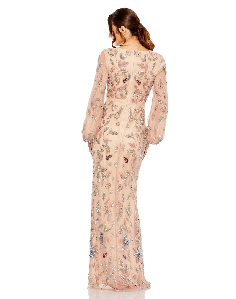 Mac Duggal Women's Long Sleeve Floral Beaded V Neck Gown w/ Slit