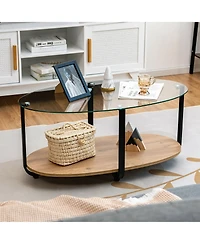 Glass-Top Coffee Table 2-Tier Modern Oval Side Sofa Table w/ Storage Shelf