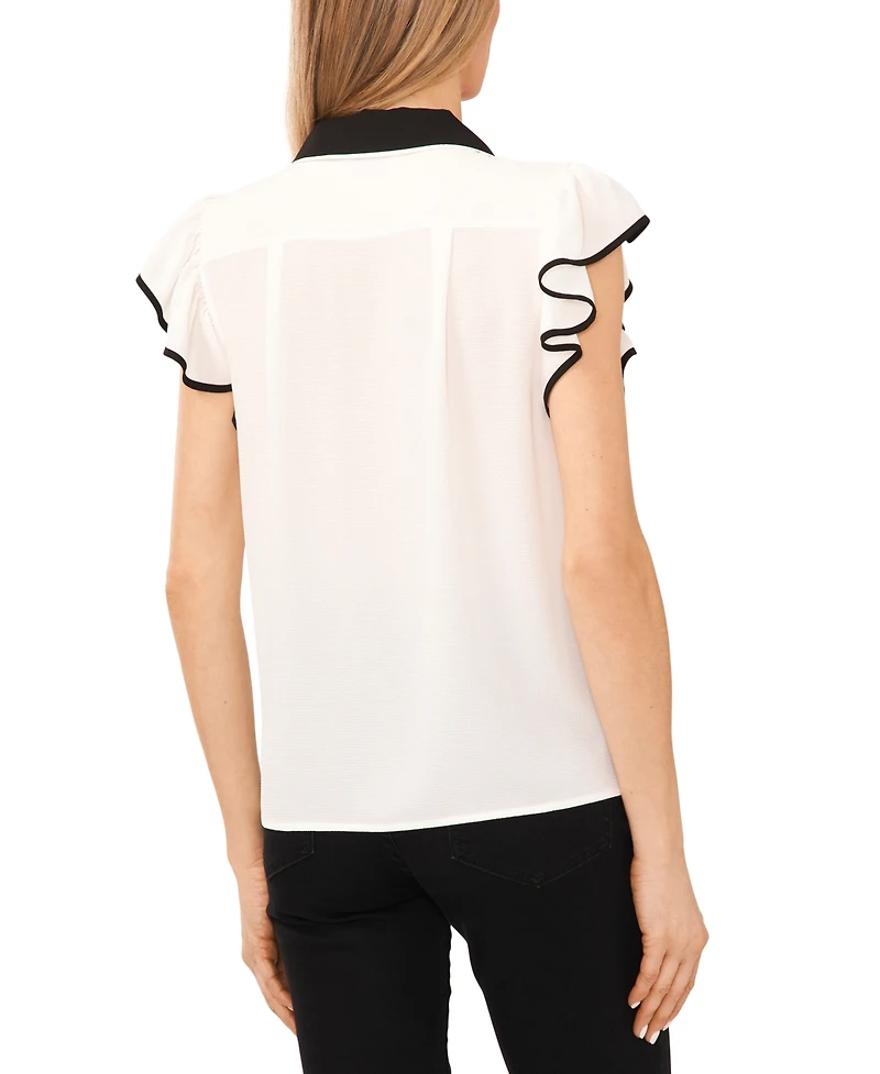 CeCe Women's Contrast Trimmed Flutter Sleeve Blouse