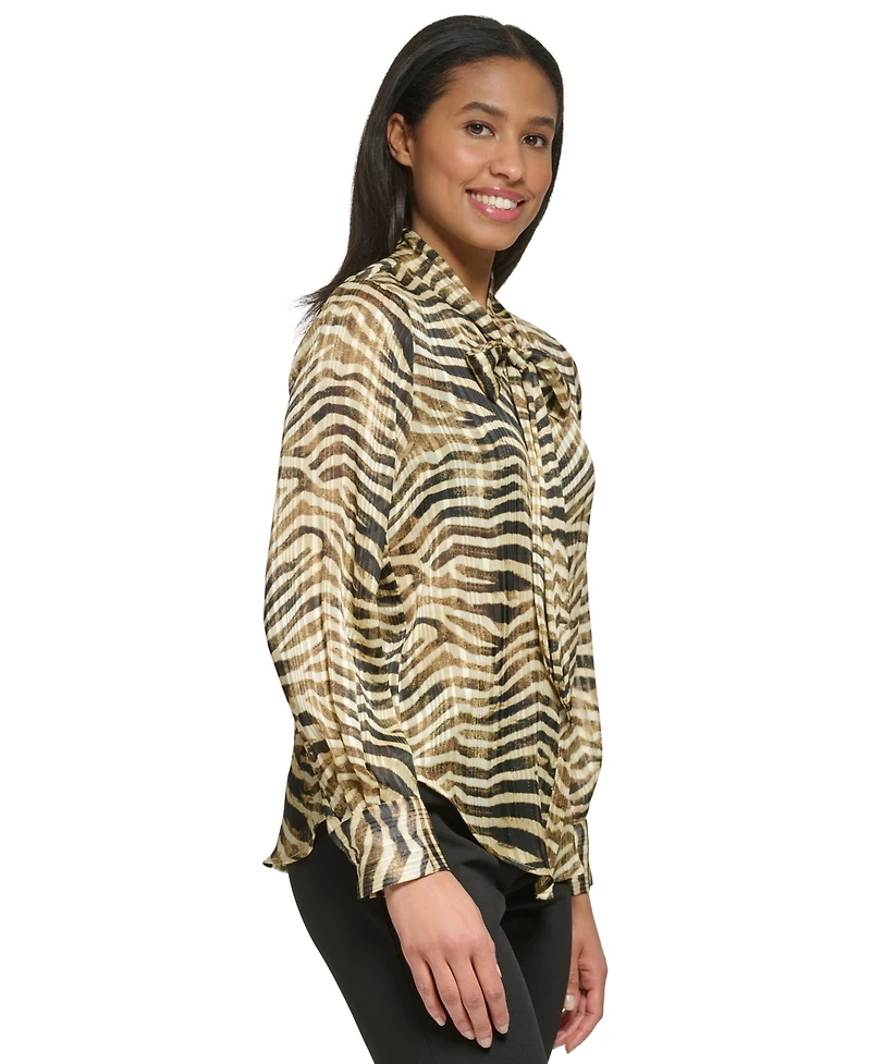 Dkny Petite Long-Sleeve Button Front Tie-Neck Top